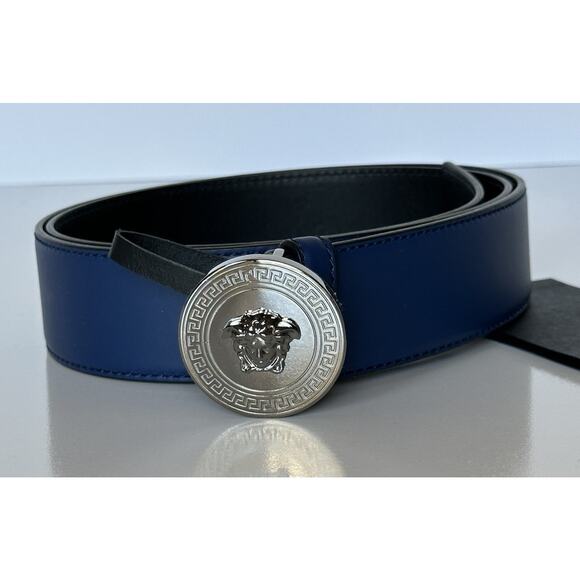 Versace Silver Medusa-Buckle Blue Leather Belt 90 (36) Italy 1006276 NIB $600 - Picture 2 of 10